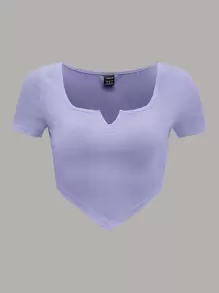 Muchica Notched Neck Asymmetrical Hem Tee - Mauve Purple - View 1