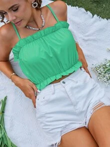 Ruffle Trim Shirred Back Crop Cami Top - Green - View 5