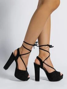 Giày nữ Baotou Gót thô Suedette  Dây đeo mắt cá chân - màu đen - Xem 4