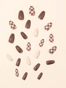 Mejore instantáneamente su apariencia con 24 unidades de uñas postizas en forma de ataúd medio color marrón caqui y diseño de tablero de ajedrez, acompañado de 1 lima de uñas y 1 lámina de pegatinas adhesivas para uñas, suministros de uñas uñas falsas uña falsa uña acrílica - Multicolor - Ver 3