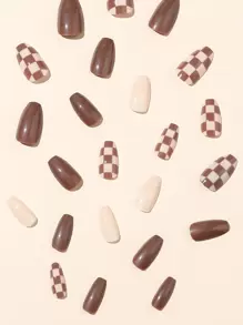 Mejore instantáneamente su apariencia con 24 unidades de uñas postizas en forma de ataúd medio color marrón caqui y diseño de tablero de ajedrez, acompañado de 1 lima de uñas y 1 lámina de pegatinas adhesivas para uñas, suministros de uñas uñas falsas uña falsa uña acrílica - Multicolor - Ver 4