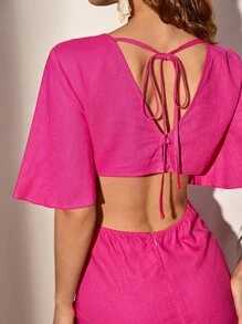 SHEIN VCAY Cut Out Waist Knot Front Trumpet Sleeve Tie Back Dress - Hot Pink - View 3