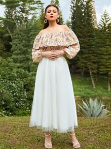 SHEIN X BEEBA Blusa con estampado floral de hombros descubiertos ribete con fruncido de manga farol - Multicolor - Ver 1