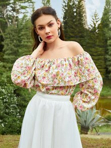 SHEIN X BEEBA Blusa con estampado floral de hombros descubiertos ribete con fruncido de manga farol - Multicolor - Ver 4