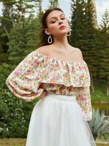 SHEIN X BEEBA Blusa con estampado floral de hombros descubiertos ribete con fruncido de manga farol - Multicolor - Ver 5