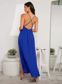 SHEIN Belle Solid Color Spaghetti Strap High Slit Dress