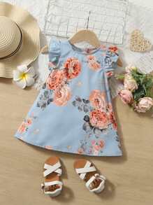 嬰兒印花蝴蝶袖直筒連衣裙 - 霧霾藍 - 查看 1