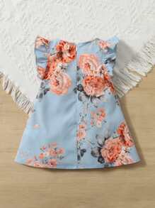 嬰兒印花蝴蝶袖直筒連衣裙 - 霧霾藍 - 查看 2