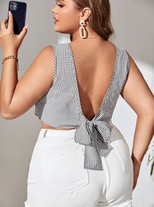 SHEIN Privé Plus Gingham Tie Back Crop Blouse - Black and White - View 1