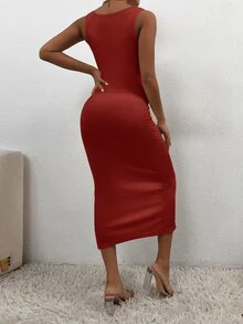 SHEIN PETITE Women Dresses Tombol Memotong Memutar Split Thigh Plain Seksi - Merah - View 2