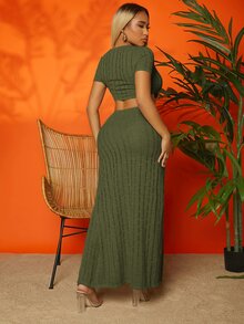 SHEIN SXY Ribbed Knit Knot Front Crop Top & Split Thigh Skirt - Army Green - View 2