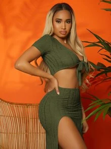 SHEIN SXY Ribbed Knit Knot Front Crop Top & Split Thigh Skirt - Army Green - View 4
