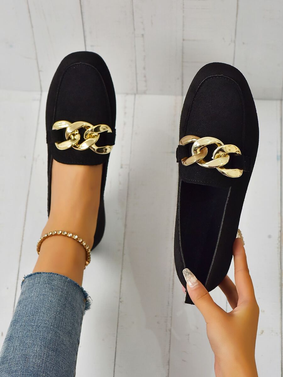 Women Comfortable Suede Chain Decor Flat Loafers - Black - View 1