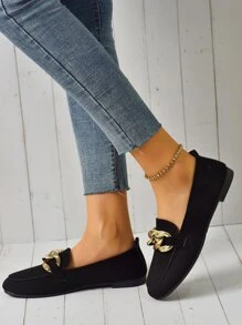Women Comfortable Suede Chain Decor Flat Loafers - Black - View 2