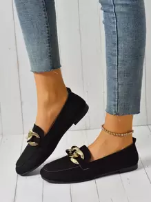 Women Comfortable Suede Chain Decor Flat Loafers - Black - View 3