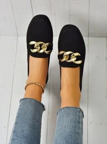 Women Comfortable Suede Chain Decor Flat Loafers - Black - View 4