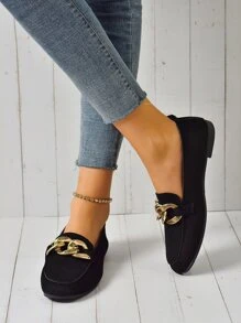 Women Comfortable Suede Chain Decor Flat Loafers - Black - View 5
