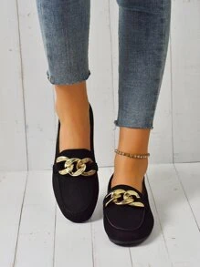 Women Comfortable Suede Chain Decor Flat Loafers - Black - View 6