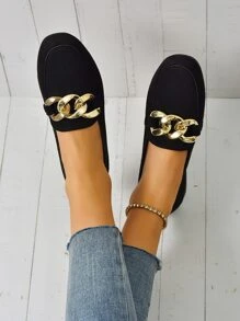Women Comfortable Suede Chain Decor Flat Loafers - Black - View 7