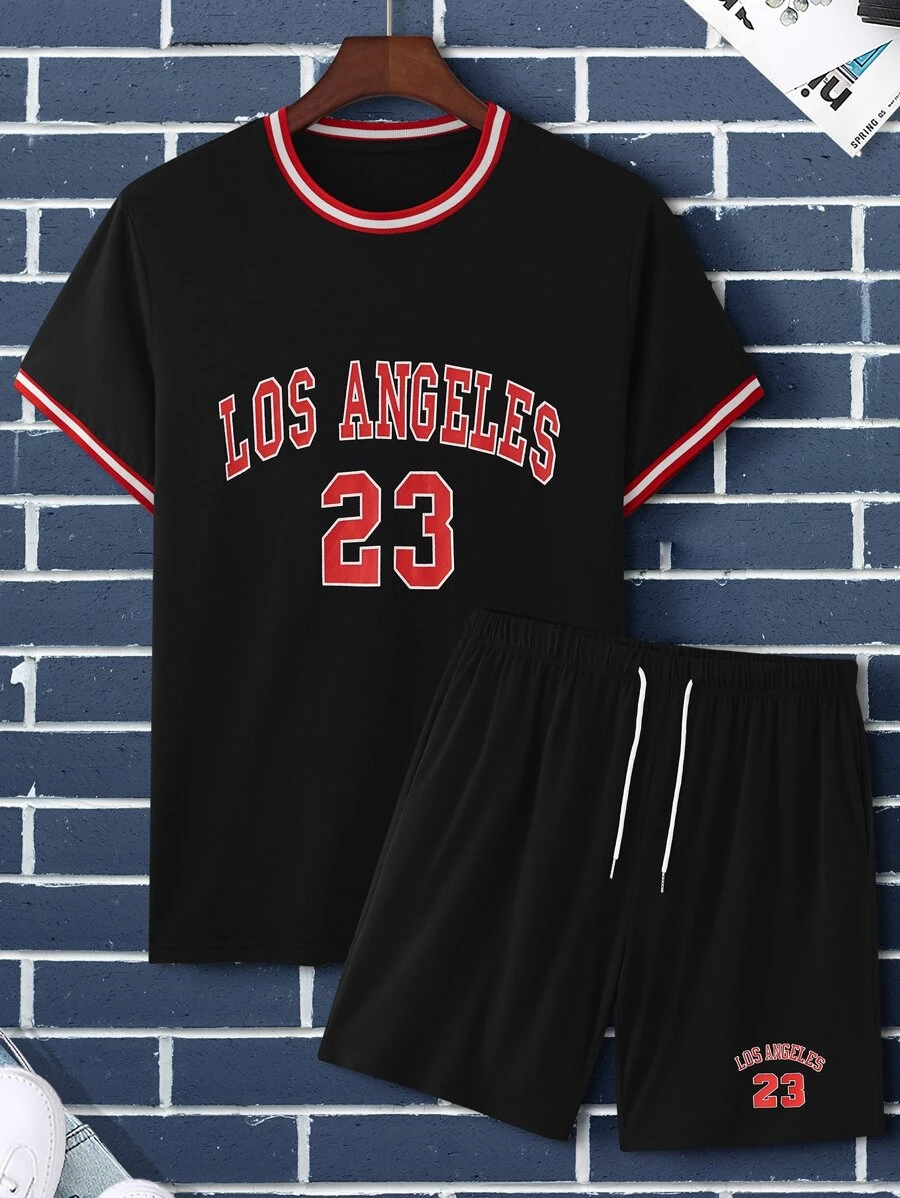 Aesthetic Post--Men Letter Graphic Striped Trim Tee & Drawstring Waist Shorts - Black - View 1