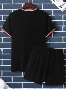 Aesthetic Post--Men Letter Graphic Striped Trim Tee & Drawstring Waist Shorts - Black - View 2