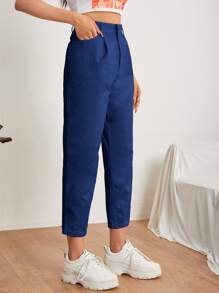 SHEIN PETITE Slant Pocket Mom Fit Trousers - Blue - View 4