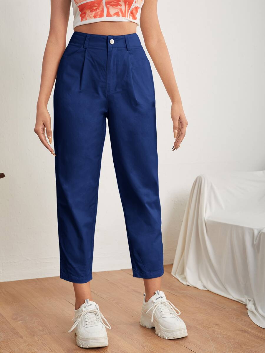 SHEIN PETITE Slant Pocket Mom Fit Trousers - Blue - View 1
