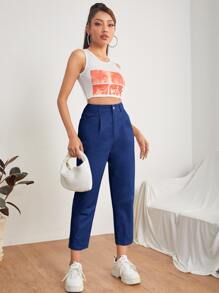 SHEIN PETITE Slant Pocket Mom Fit Trousers - Blue - View 5