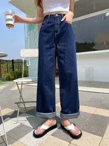 DAZY High Waisted Wide Leg Jeans - Dark Wash - View 6