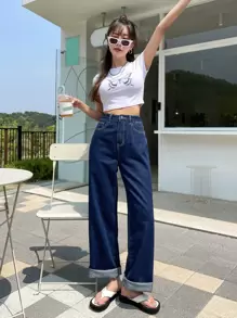 DAZY High Waisted Wide Leg Jeans - Dark Wash - View 7