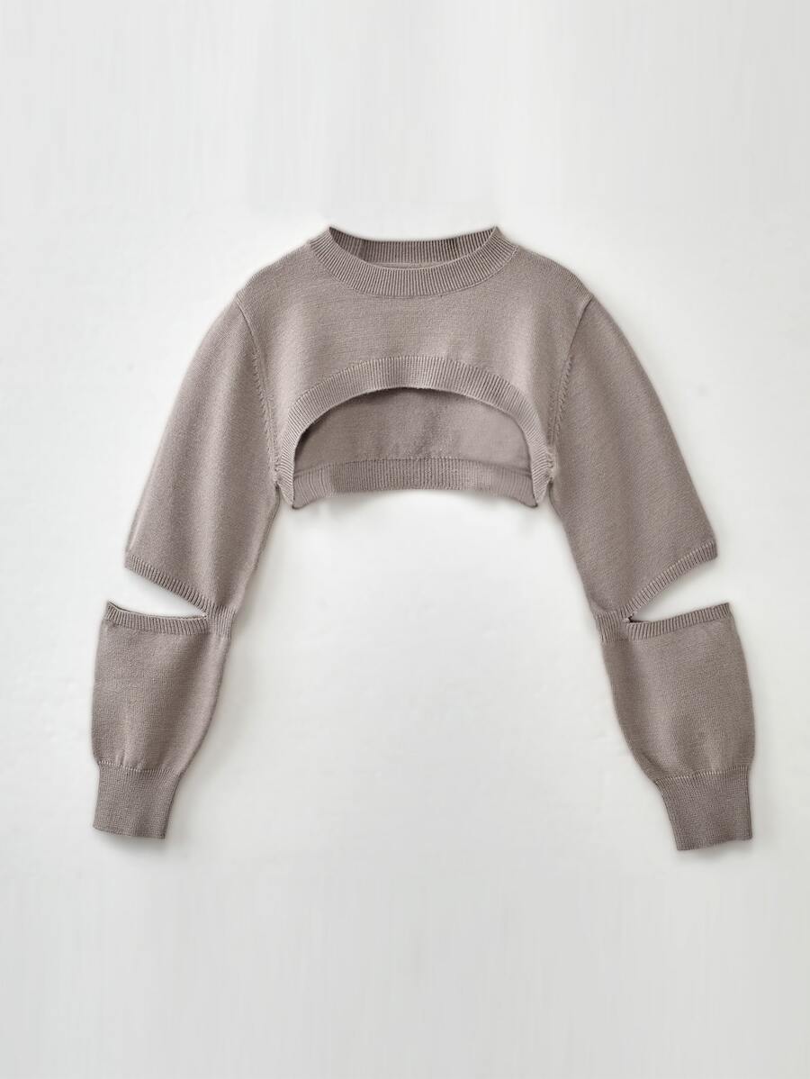 SHEIN Áo len nữ Cắt ra màu trơn Ăn mặc đẹp - Màu Khaki - Xem 1
