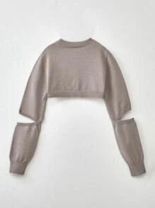 SHEIN Áo len nữ Cắt ra màu trơn Ăn mặc đẹp - Màu Khaki - Xem 2