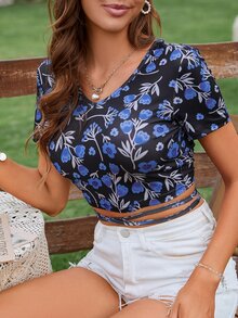 Floral Print Lace Up Backless Crop Tee - Black - View 5