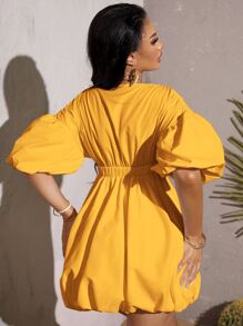 SHEIN SXY Deep V Neck Puff Sleeve Dress - Yellow - View 2
