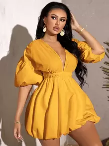 SHEIN SXY Deep V Neck Puff Sleeve Dress - Yellow - View 4