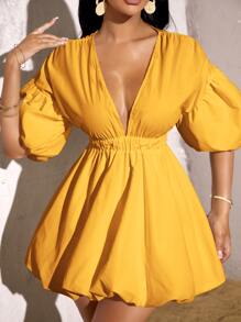 SHEIN SXY Deep V Neck Puff Sleeve Dress - Yellow - View 5