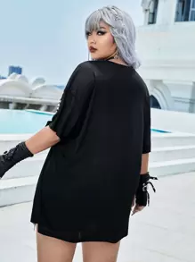 ROMWE PUNK Áo thun lưới hở vai in hình đầu lâu và cánh Plus, dành cho trường học - màu đen - Xem 2