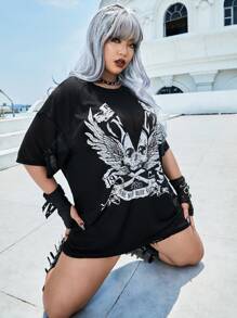 ROMWE PUNK Áo thun lưới hở vai in hình đầu lâu và cánh Plus, dành cho trường học - màu đen - Xem 4