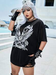 ROMWE PUNK Áo thun lưới hở vai in hình đầu lâu và cánh Plus, dành cho trường học - màu đen - Xem 5