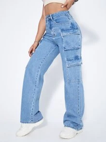 SHEIN EZwear Jeans para mujer de denim grueso - Azul - Ver 5
