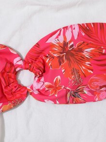 隨機花朵印花圓環細節抹胸比基尼泳裝上衣 - 彩色 - 查看 4