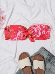 隨機花朵印花圓環細節抹胸比基尼泳裝上衣 - 彩色 - 查看 5