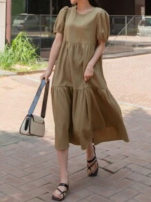 DAZY Váy suông có viền xếp nếp tay phồng - Màu nâu  Mocha - Xem 1