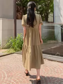DAZY Váy suông có viền xếp nếp tay phồng - Màu nâu  Mocha - Xem 2
