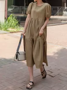 DAZY Váy suông có viền xếp nếp tay phồng - Màu nâu  Mocha - Xem 4