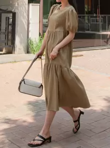 DAZY Váy suông có viền xếp nếp tay phồng - Màu nâu  Mocha - Xem 5