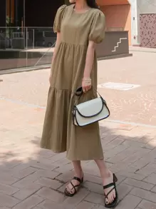 DAZY Váy suông có viền xếp nếp tay phồng - Màu nâu  Mocha - Xem 6