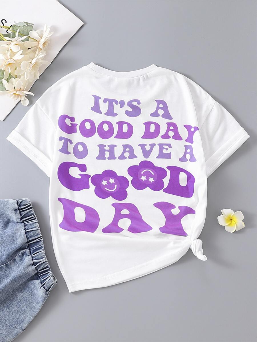SHEIN Young Girl Fashionable Cute Text, Flower, Smile Face, Doodle Printed Colorful Classic Tee, Suitable For Travel, Shopping, Daily, School, Party, Summer Wear, Heart-Shaped, White/Purple - White - View 1