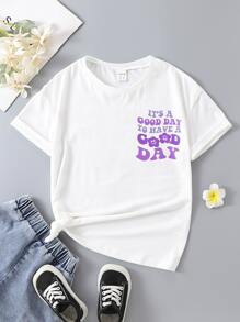 SHEIN Young Girl Fashionable Cute Text, Flower, Smile Face, Doodle Printed Colorful Classic Tee, Suitable For Travel, Shopping, Daily, School, Party, Summer Wear, Heart-Shaped, White/Purple - White - View 2