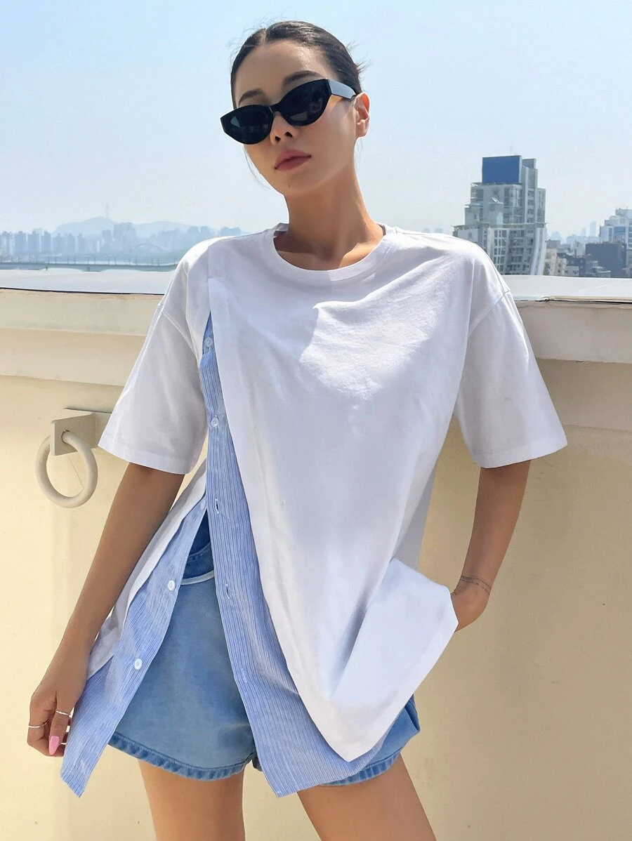 DAZY 條紋落肩2合1短袖 - 白色 - 查看 1